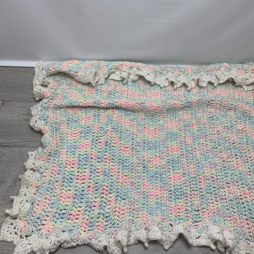 Handmade Pastel Crochet Baby Blanket Ruffle Border Pink Blue Yellow 35x35